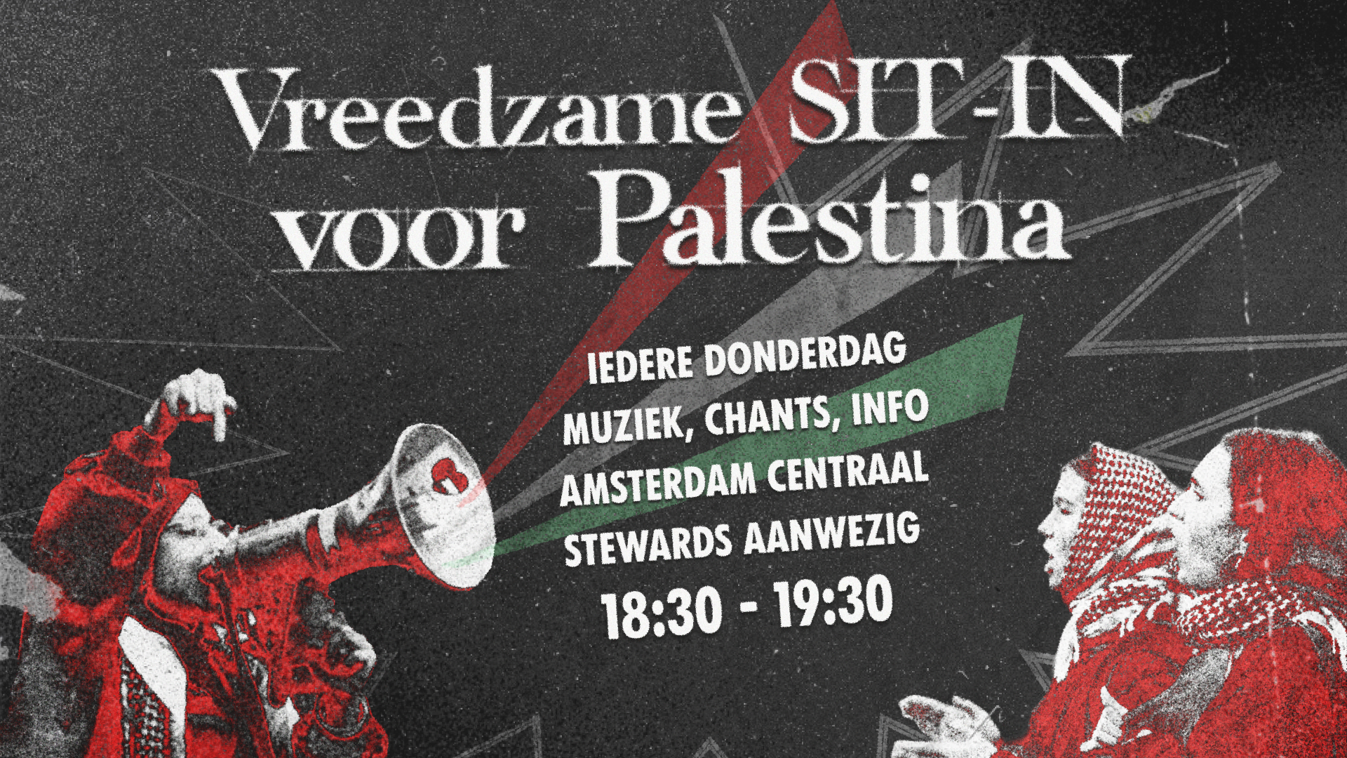 Oproep voor vreedzame sit-in voor Palestina iedere donderdag muziek chants info amsterdam centraal 18:30 tot 19:30 er zijn stewards aanwezig